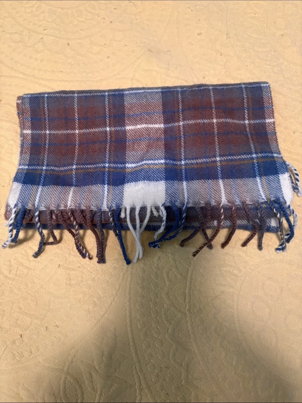 Plaid Wool Fringe Scarf - Blue & Brown